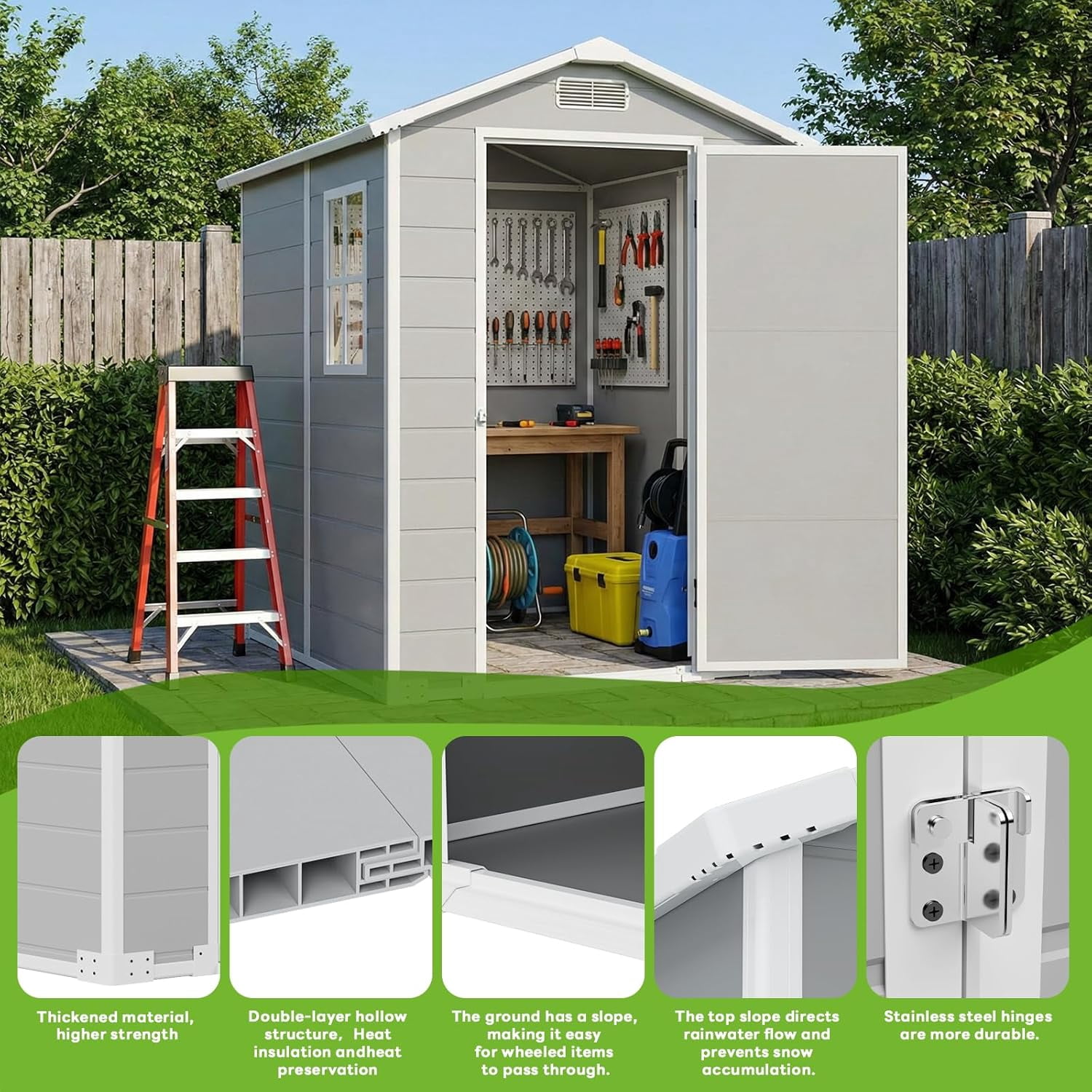 4x6 FT Outdoor Storage Shed,Resin Storage Shed with Floor, Window, Vent, Rainwater Drainage & Lockable Door - All-Weather Garden House for Backyard, Garden,Poolside,Bike,Lawn Mower,Patio Furniture