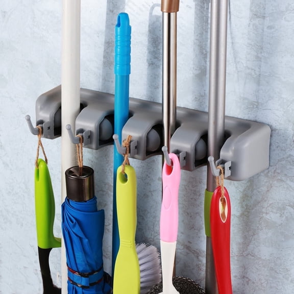 Mop Broom Holder Wall Mount, Plastic Broom Organizer Wall Mount, Organizations and Storage with Hooks Heavy Duty, Garden Kitchen Tool Organizer for Home Cleaning Supplies (4 Positions, 5 Hooks)