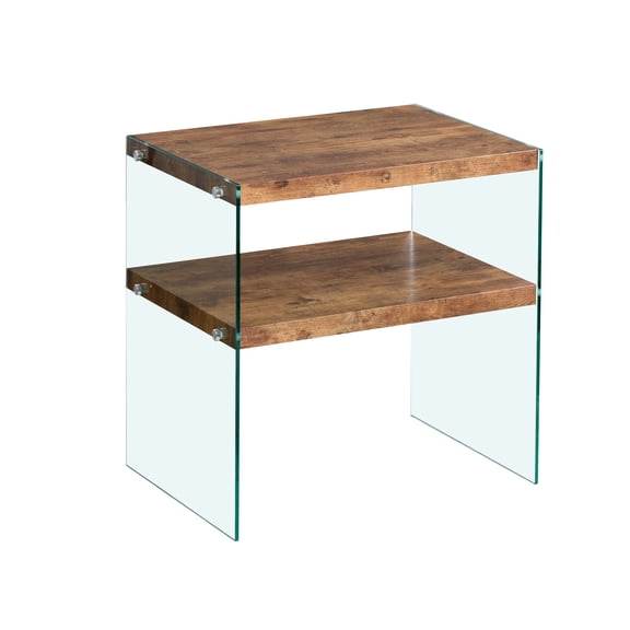 Sumdeal Walnut MDF Side Table with Tempered Glass Top, Rectangular End Table for Living Room, 23.6L x 17.7W x 23.6H