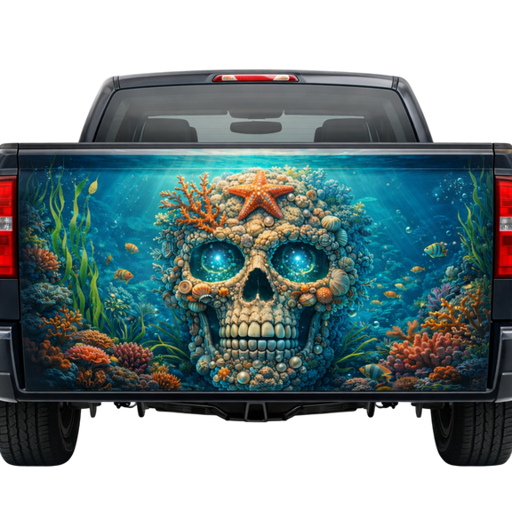 Lotusprint LLC Funny Skull Ocean Tailgate Wrap 2 Sizes (24"x58"), coastal skull truck wrap, funny skull vehicle decal