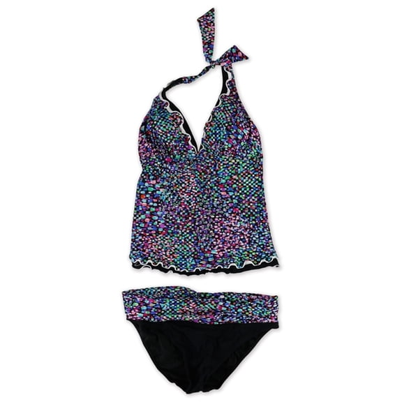 Profile Womens Printed Ruffle Trim Banded Brief 2 Piece Tankini, Black, 8