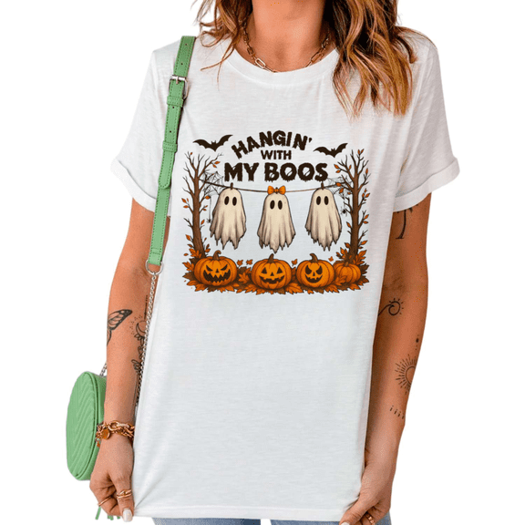 UNISHE Women's HANGIN' WITH MY BOOS Halloween Ghost Graphic Tee Playful Short Sleeve Crewneck Top