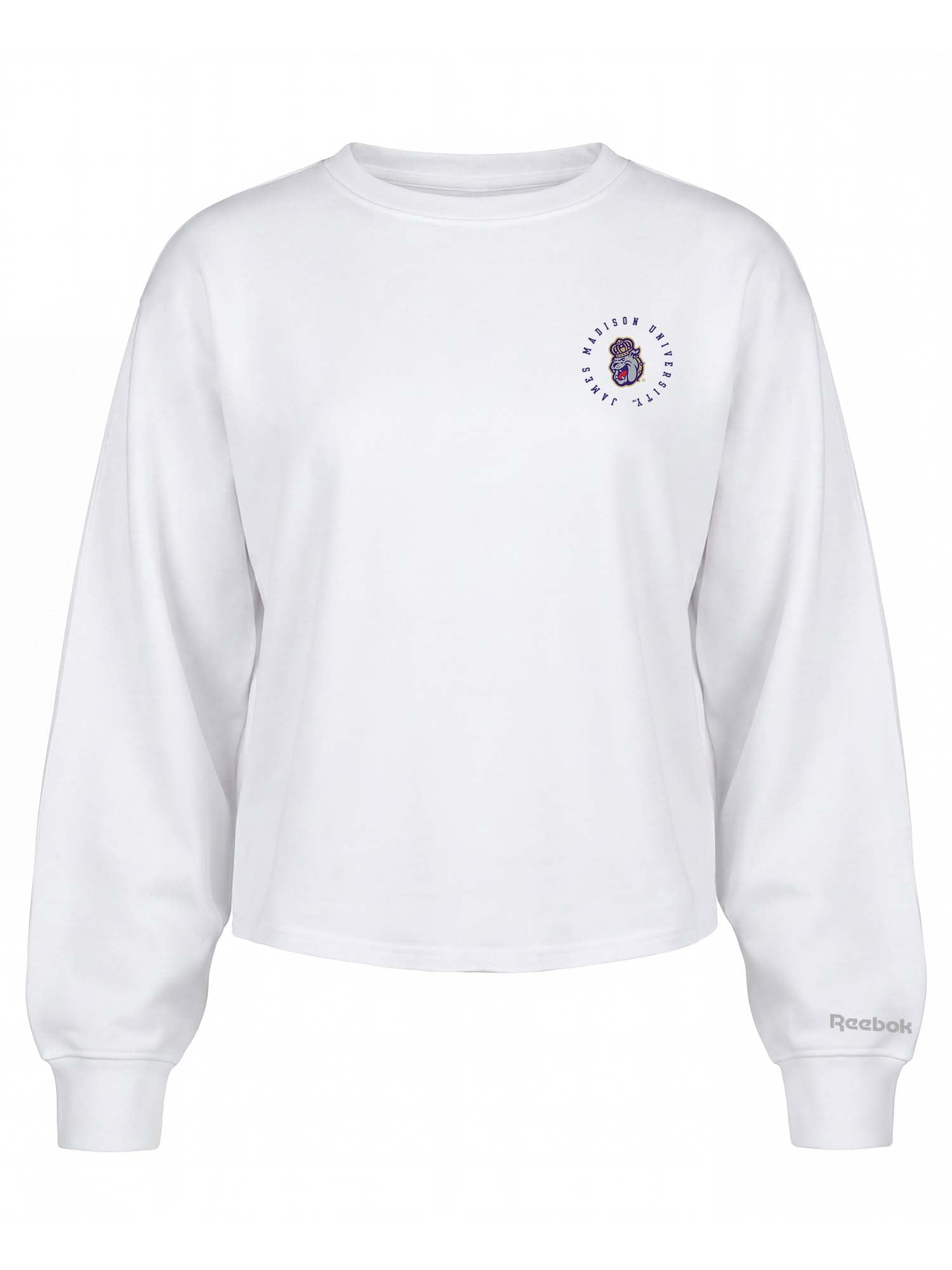 James Madison Dukes Reebok Womens White Heavyweight Cotton Long Sleeve Pullover