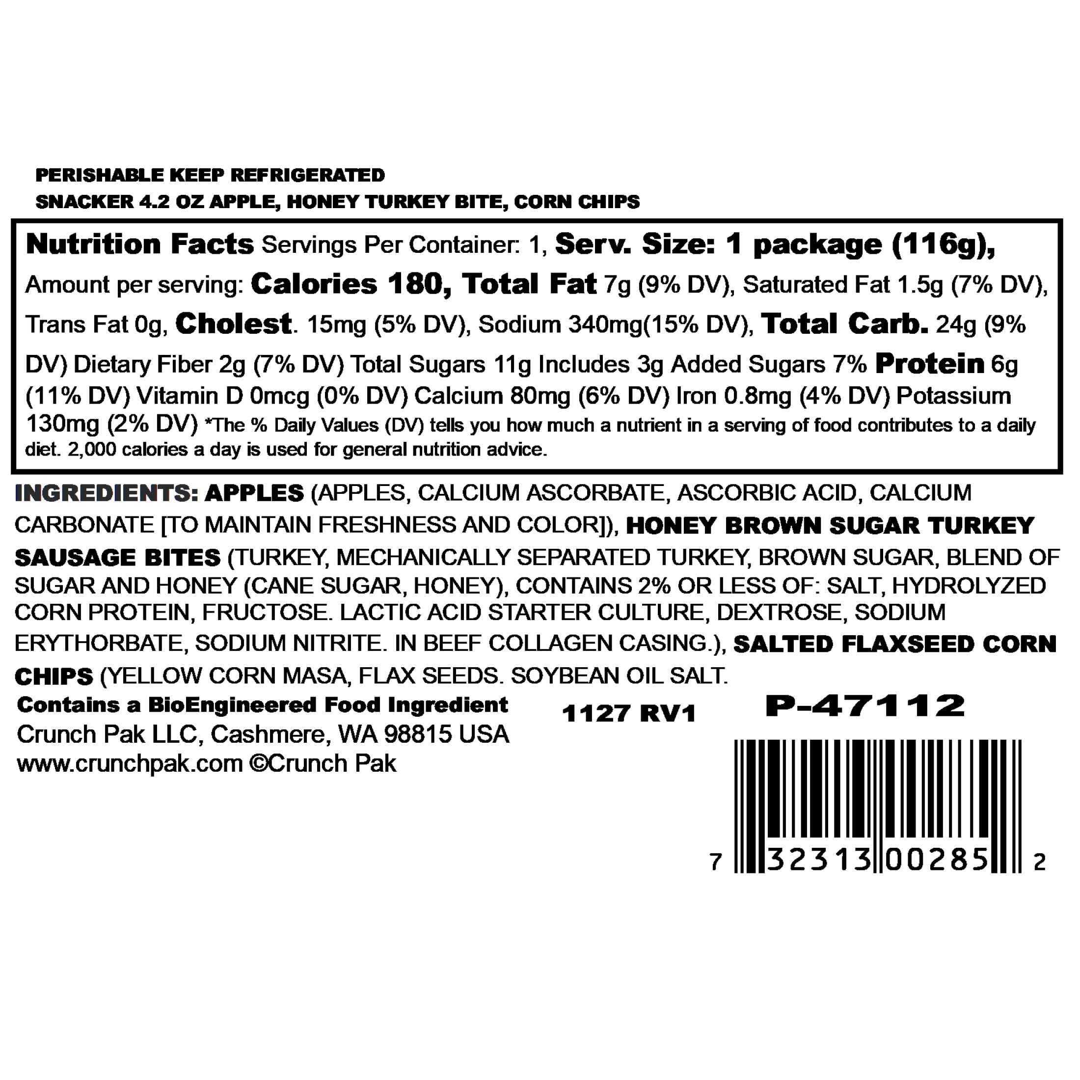 Crunch Pak Snack Pak Fresh Apple Slices,  Salted Flaxseed Corn Chips & Honey Brown Turkey Sausage, 4.2oz Tray