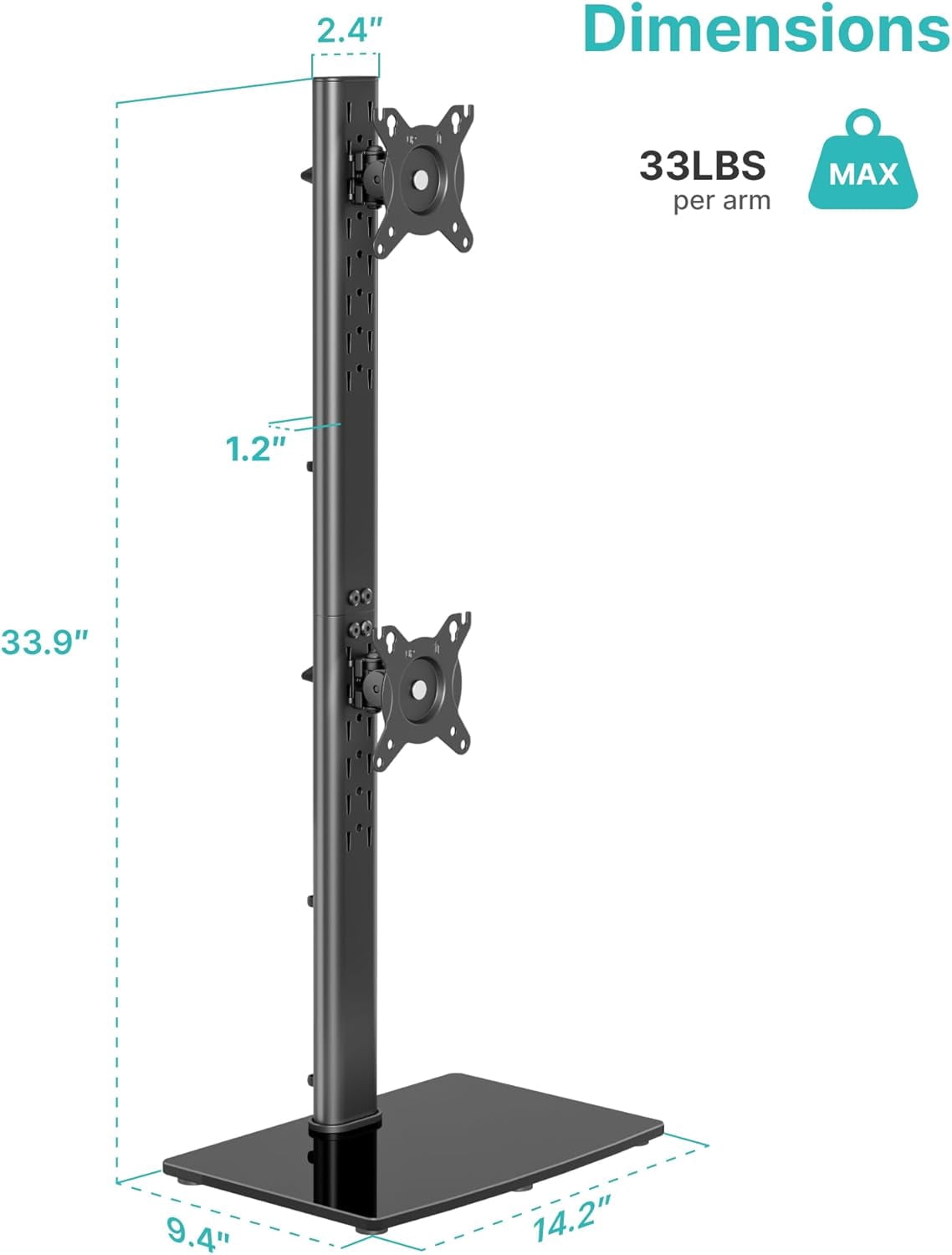 Vertical Dual Monitor Stand for 17–34 Inch Screens, Stacked Monitor Mount with 33.3" Pole & 12 Height Settings, Freestanding Desk Monitor Riser, Full Motion ±45° Tilt ±30° Swivel, 75/100 VESA