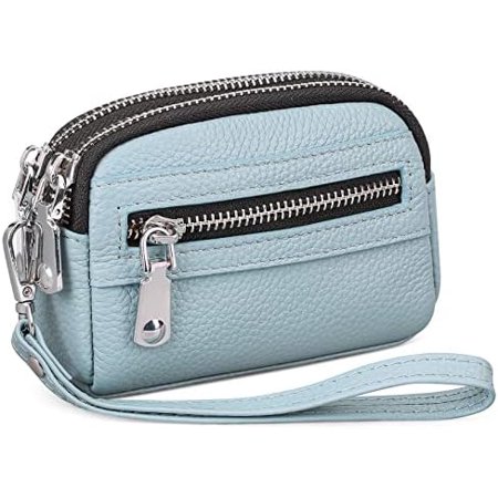 Coin Purse for Women Leather Wristlet Double Zip Around Small Change Pouch