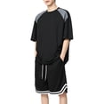 thumbnail image 2 of VBVC Men's 2 Piece Drawstring Basketball Tracksuit,Raglan Sleeve T-Shirt and Striped Hem Shorts Set For Men,Black,M-4XL, 2 of 6