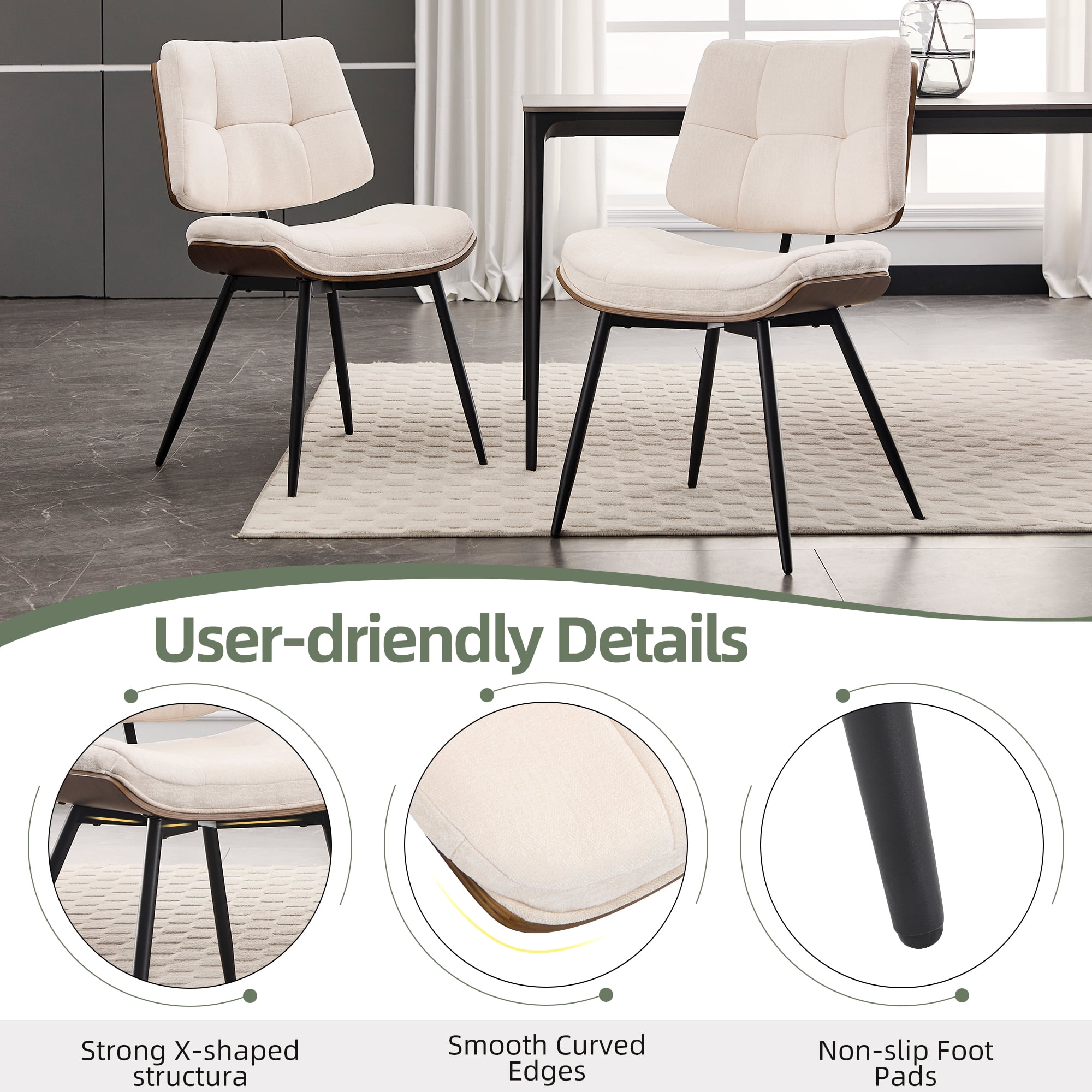 Dining Chairs Set of 4, Mid-Century Modern Kitchen & Dining Chairs, Fabric Upholstered Accent Chairs with Metal Legs, Walnut Style Armless Side Chairs for Guest Reception Waiting Room, Beige