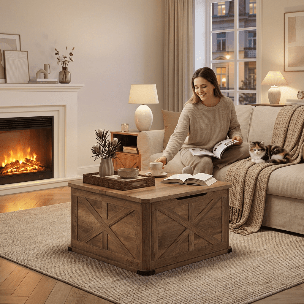 LEDREM 31.5" Farmhouse Coffee Table with Flip-Top Storage, Rustic Square Center Table for Living Room, Honey Brown