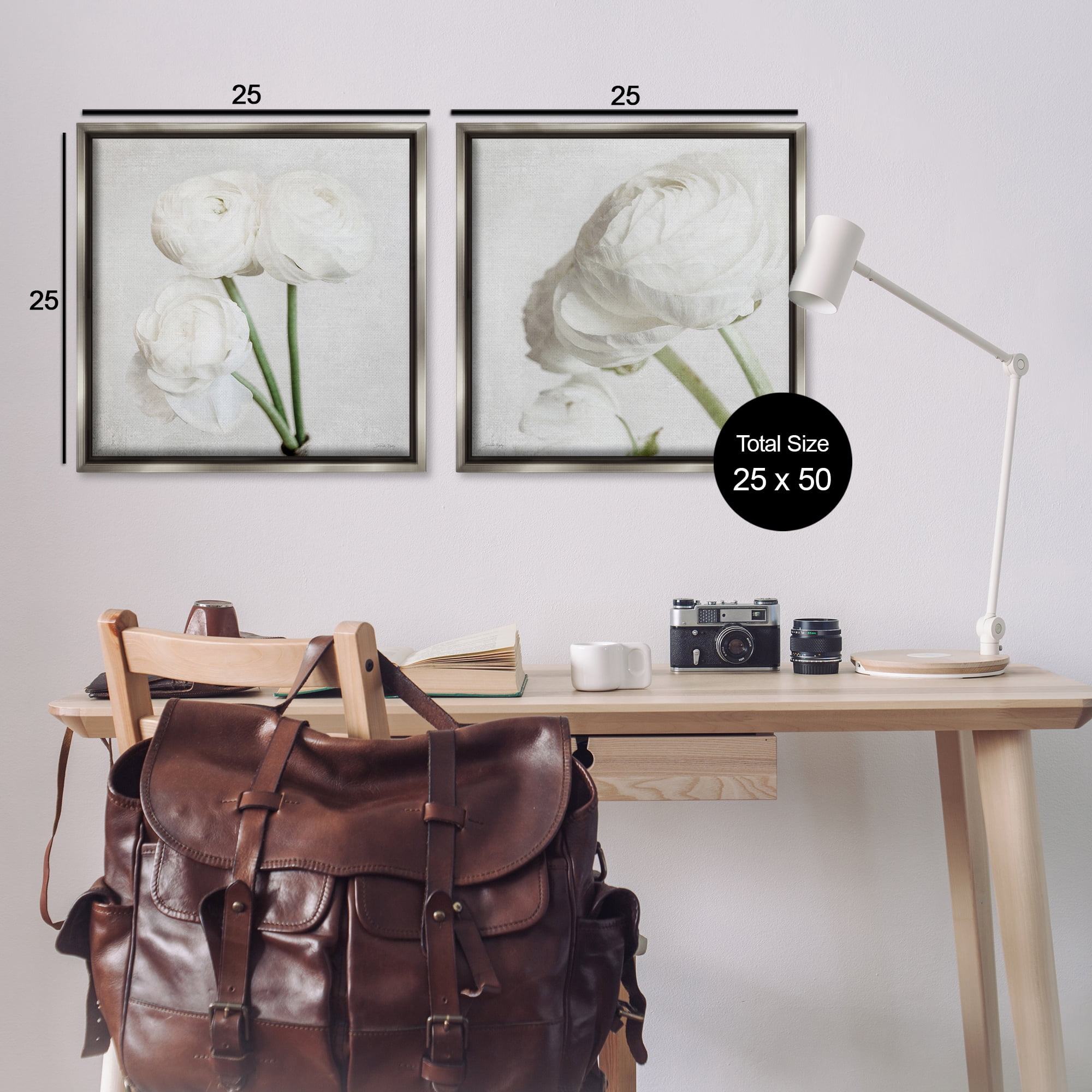Stupell Industries Simple White Peony Stems Plants & Flowers Painting Gray Floater Framed Canvas Art Print Wall Art, 25 x 25, Set of 2