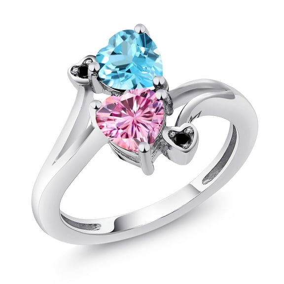 Gem Stone King 925 Sterling Silver Swiss Blue Topaz Pink Moissanite and Black Diamond Ring for Women (1.78 Cttw, Heart Shape 6MM, Gemstone November Birthstone, Size 8)