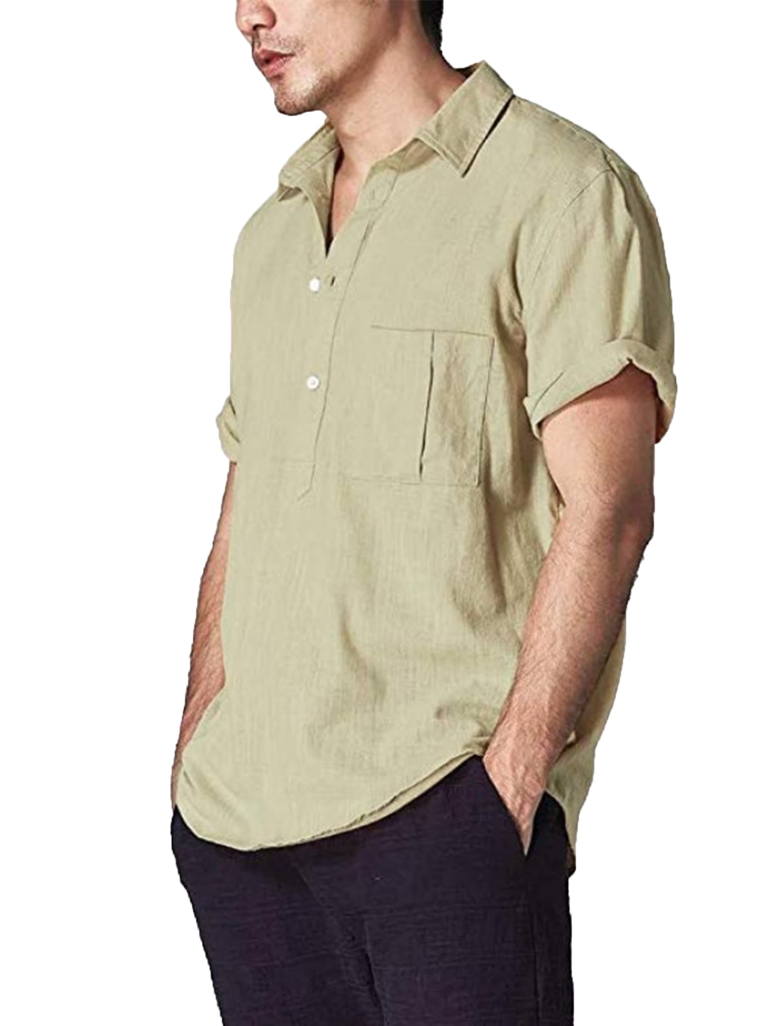 Mens Cotton Henley Shirts Short Sleeve with Pocket Solid Color Basic Tshirt 