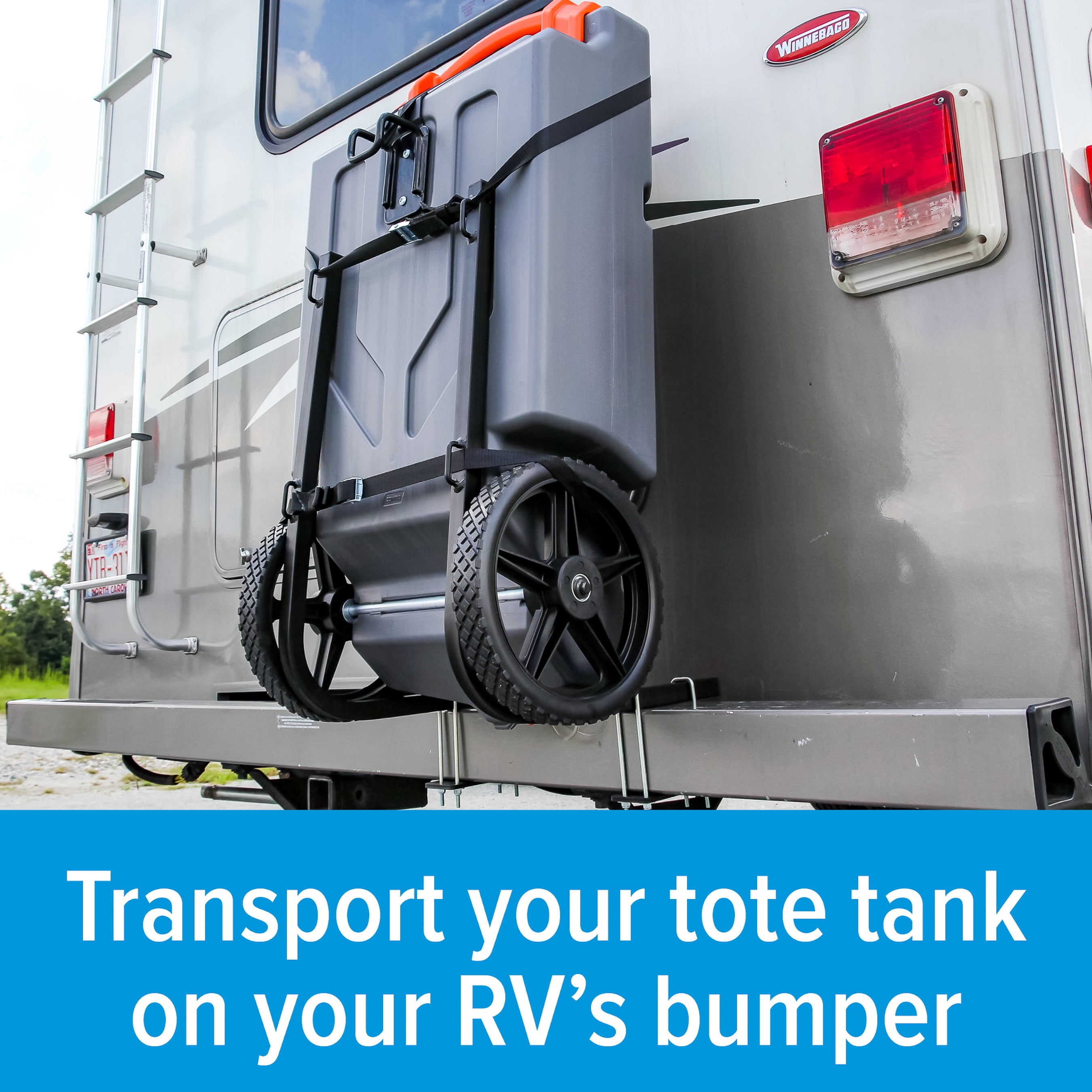 Camco Rhino Camper/RV Bumper Mount Tote Tank Holder | Powder-Coated Steel, Black and Silver (39010)