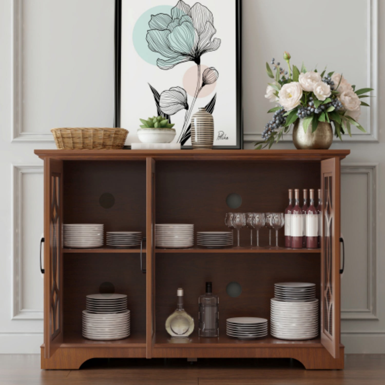 48.66" 3-Door Glass Sideboard Buffet Cabinet, MDF Storage Credenza with Adjustable Shelf, Tempered Glass Display Cabinet for Dining Room Kitchen Living Room, Dark Oak