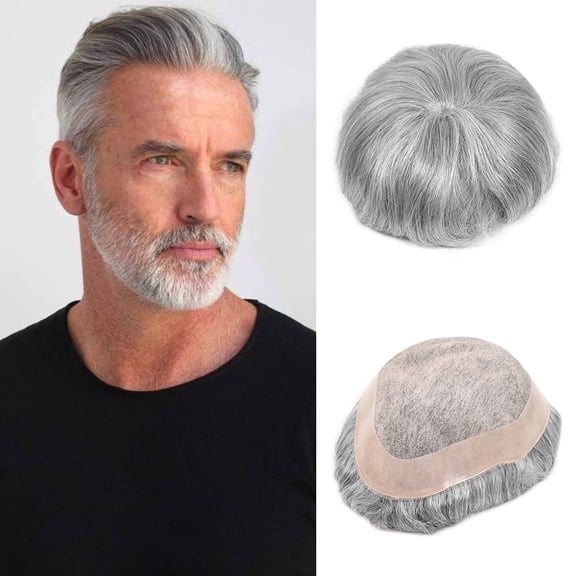 Human Hair Toupee for Men Gray Hair Prosthesis Breathable Mono Lace Mens Wig Replacement System Hairpiece #1B80 8x10Inch