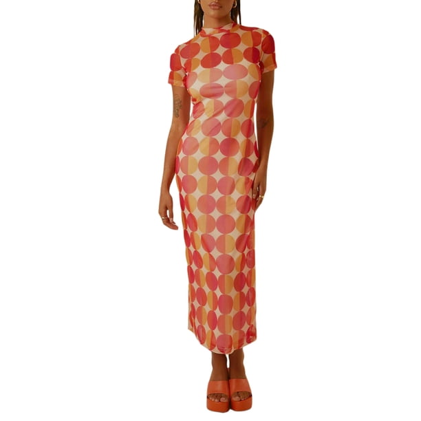 Txlixc Vestido de manga corta femenino elegante impresión de cuello redondo vestido de fiesta de verano Txlixc moda