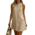 thumbnail image 2 of Mini Dress for Women 2026 Solid Linen Crew Neck Summer Vacation Going Out Cute Short Dress Khaki M, 2 of 6