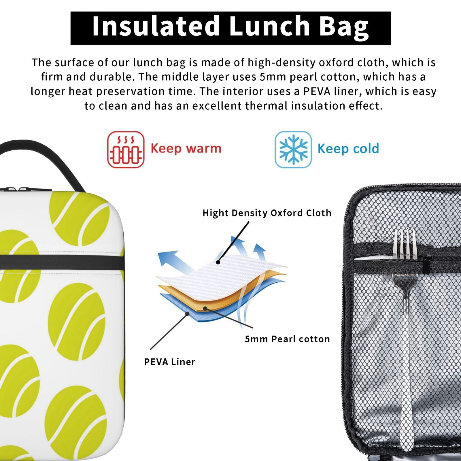 Lunch Bag For Women Men Insulated Portable Lunch Box Bento Box Office Picnic Travel Cooler Bag Seamless Pattern Tennis Theme