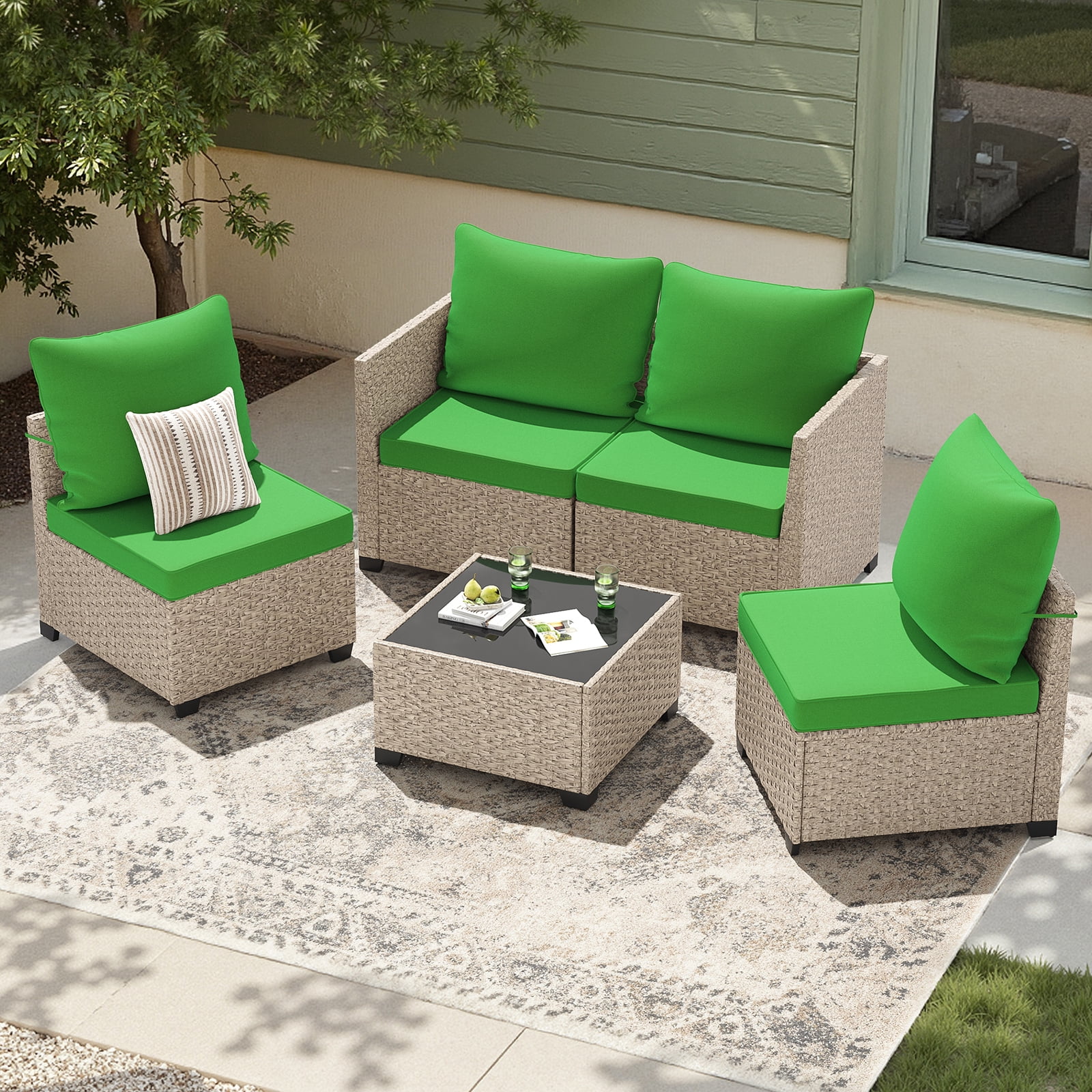 STARY Outdoor Deep Seat Cushions for Patio Furniture, 24"x24" Replacement Sectional Cushions for Outdoor Sofa, Armchair, 4 Pieces, Green