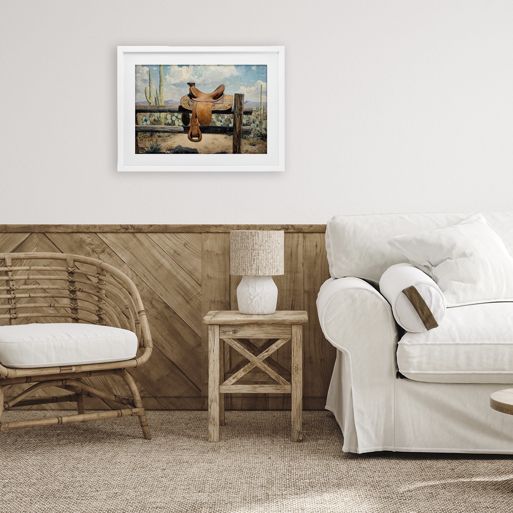 Stupell Industries Saddle on Desert Fence White Framed Print Under Glass, design by Franklyn Gregory