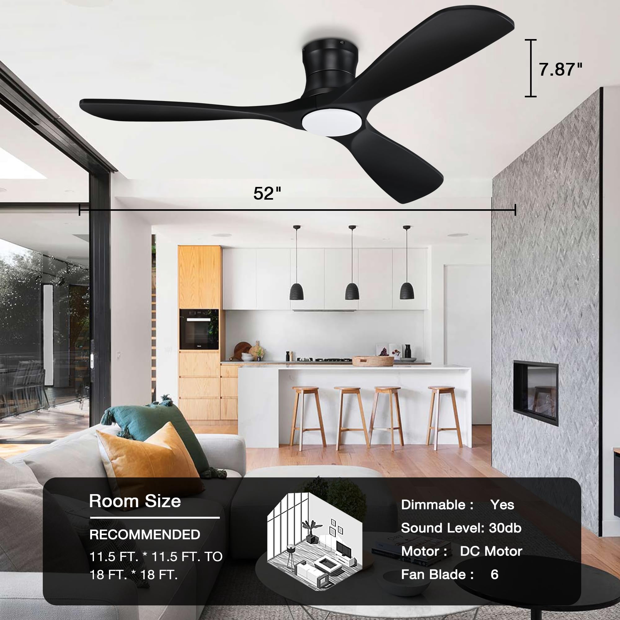 52 Inch Smart Wood Low Profile Ceiling Fan with Lights Remote,Quiet DC Motor, Modern Black for Bedroom Living Room Patio Porch, Outdoor Indoor Flush Mount Ceiling Fans Controlled by WIFI Alexa App