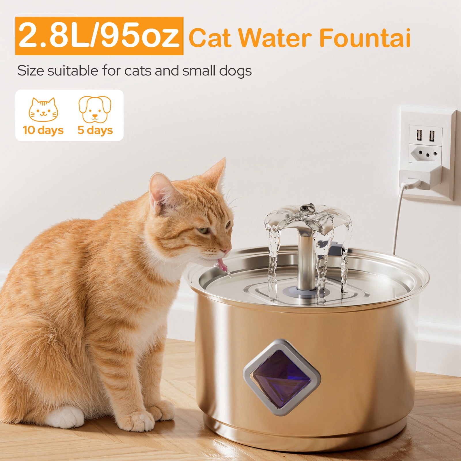 Euqvunn Cat Water Fountain Stainless Steel, 2.8 L Cat Fountain for Drinking, Pet Water Fountain for Cats Inside, Automatic Pet Fountain Quiet Cats Water Dispenser with Flower Kitty Spout