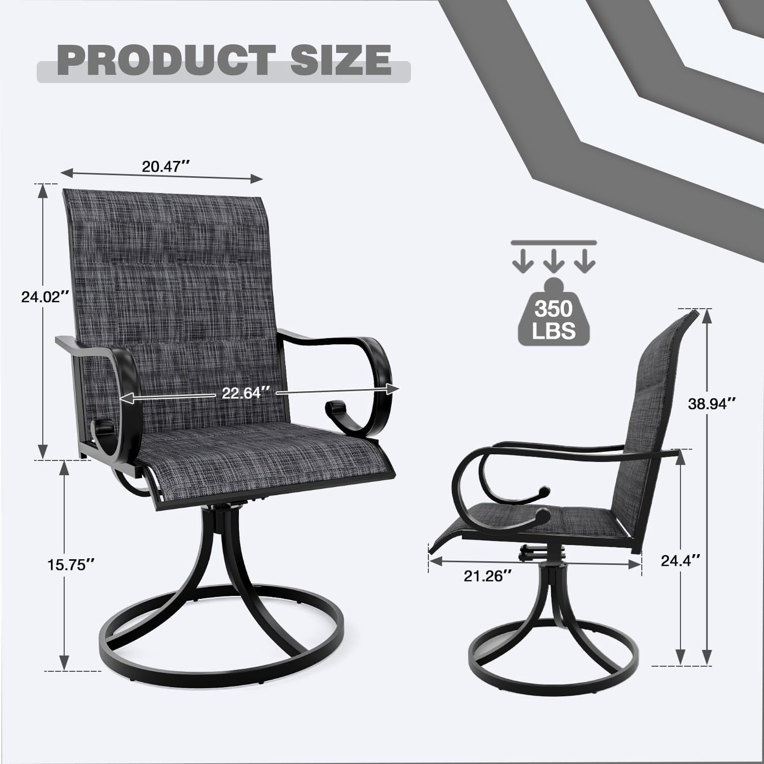 MELLCOM Patio Swivel Chair Set of 2, High Back Padded Textilene Outdoor Dining Chairs with E-Coating Metal Frame, All-Weather Outdoor Furniture Rocker for Backyard, Porch, Garden, Lawn, Grey