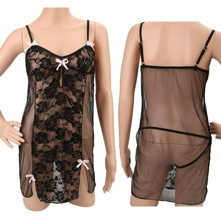 Travelwant Lace Sheer Dress Lingerie for Women Strap Mesh Babydoll V Neck Sleepwear Sexy See Through Teddy Chemise Nightwear
