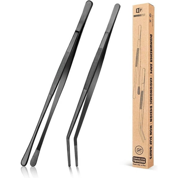 Bundlepro 2 Pack 12'' Stainless Steel Kitchen Fine Food Tweezers Tongs for Feeding Planting, Black