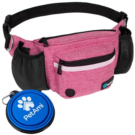PetAmi Dog Fanny Pack Treat Pouch for Dog Walking Training Built in Poop Bag Dispenser Water Bottle Holder Collapsible Bowl Pet Treat Waist Belt for Hiking Running Kibbles (Pink)