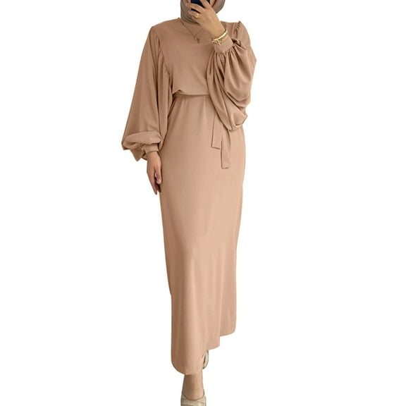 ZANZEA Women Muslim Islamic Kaftan Dress Retro ONeck Puff Sleeve Long Dress