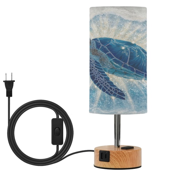 Wobogo Deep Blue Sea Turtle Bedside Lamp Touch Control Table Lamp with USB A C Charging Ports & AC Outlet 3-Way Dimmable Nightstand Lamp with Linen Fabric Shade for Bedroom Living Room