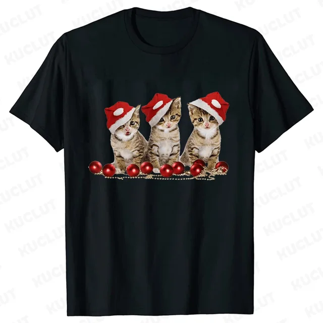 Camiseta Kawaii de gato de Navidad para mujer, camiseta de manga corta Harajuku, Camisetas de moda Y2k, ropa Ulzzang para mujer