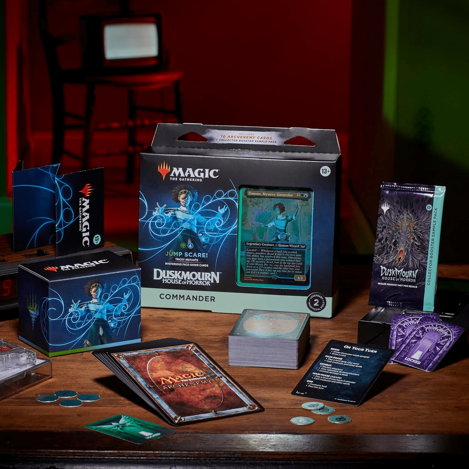 Magic: The Gathering Duskmourn: House of Horror Commander Deck - Jump Scare! (100-Card Deck, 2-Card Collector Booster Sample Pack + Accessories)