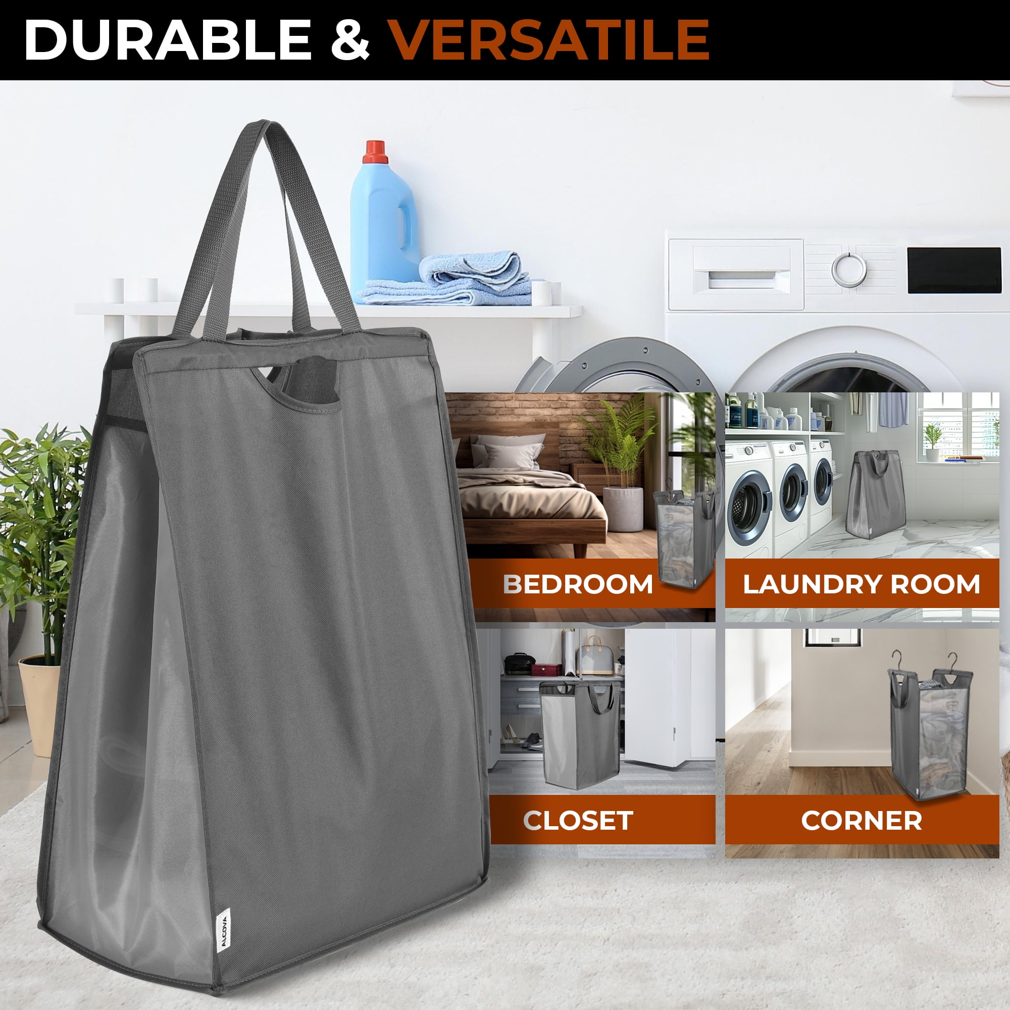 ALCOVA Hanging Laundry Hamper, Slim Space-Saving Hanging Closet Laundry Bags, Heavy Duty Mesh Bag with Handles and Hooks, Grey (2 pack)