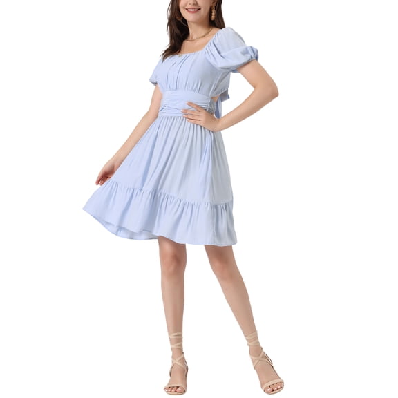 INSPIRE CHIC Smocked Dress for Women's Summer Casual  Bow Tie Back Ruffle A-Line Dresses XS Blue
