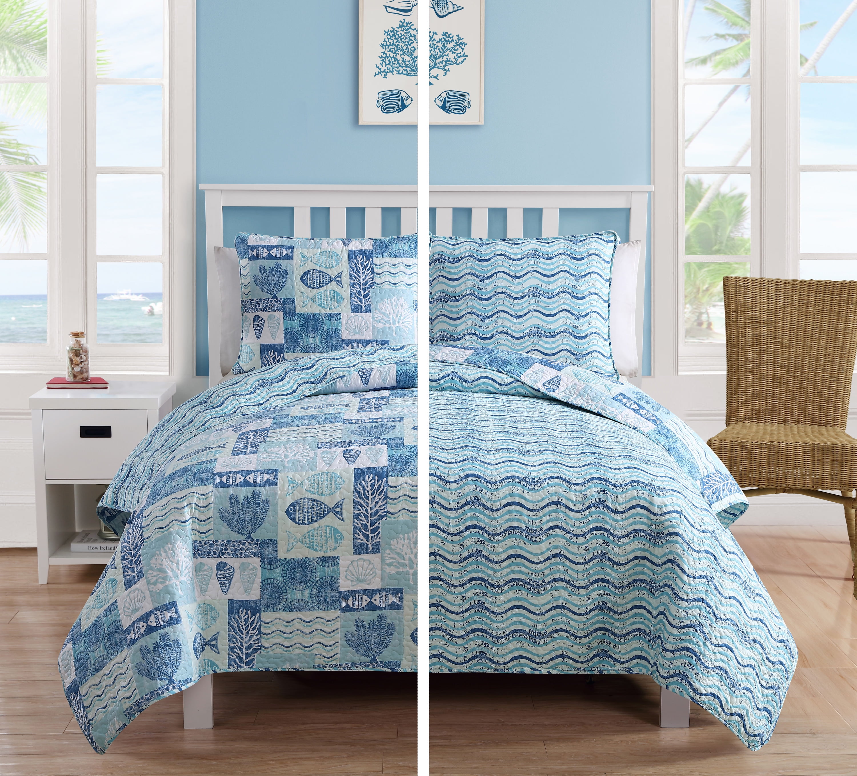 VCNY Home Patchwork Sealife 3-Piece Blue Reversible Quilt Set, Full/Queen, Adult, Unisex