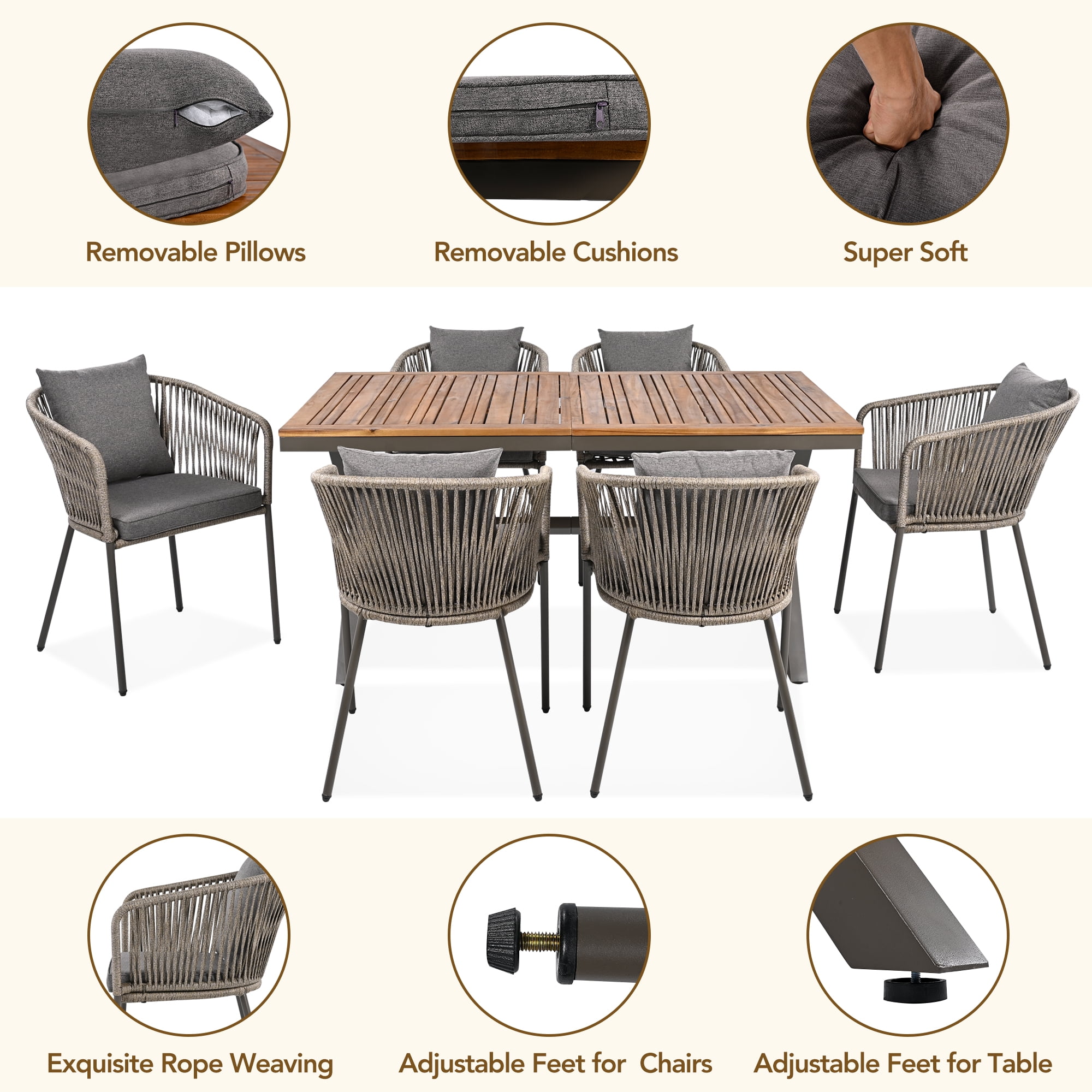 7 Pieces Outdoor Patio Dining Set for 6, All-Weather Outdoor Furniture Set with Dining Table and Chairs for Garden, Backyard, Balcony, Grey