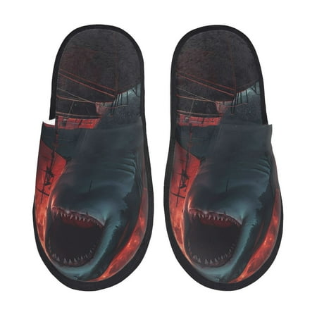 Balery Red Moon Shark Sailboat Slient Indoor Furry Fleece Comfort House Shoes Soft Non-Slip Home Shoes Cotton slippers House Slippers-- Medium