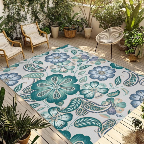 Teal Paisley Pattern Outdoor Rug 6x9 Ft - Reversible Patio Rug Outdoor Camping Rugs, Boho Ethnic Floral Traditional Washable Indoor Outdoor Area Rugs, Non-Slip Outdoor Carpet Runner for Deck/Porch