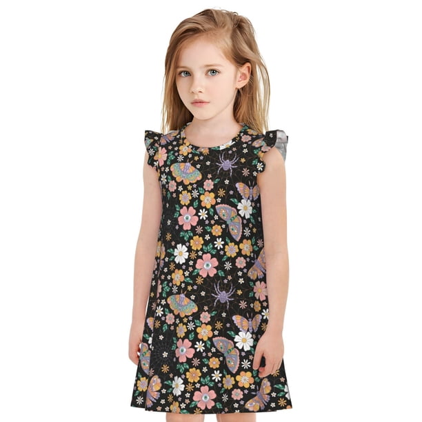 Fotbe Floral Insects Vestido de Dormir para Niñas de 3 a 10 Años, Mangas Cortas, Estilo Princesa, Pijama Camisón con Mangas Voladas-Medium