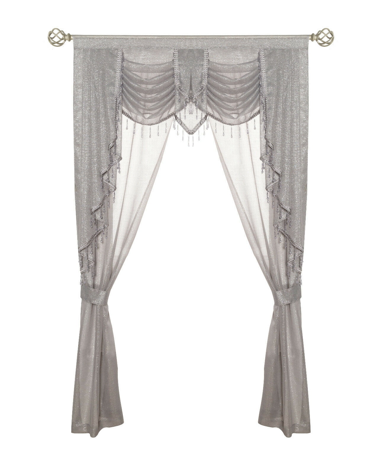 Ultra Glam Beaded Sparkly Sheer Window in a Bag Curtain Set - Gray