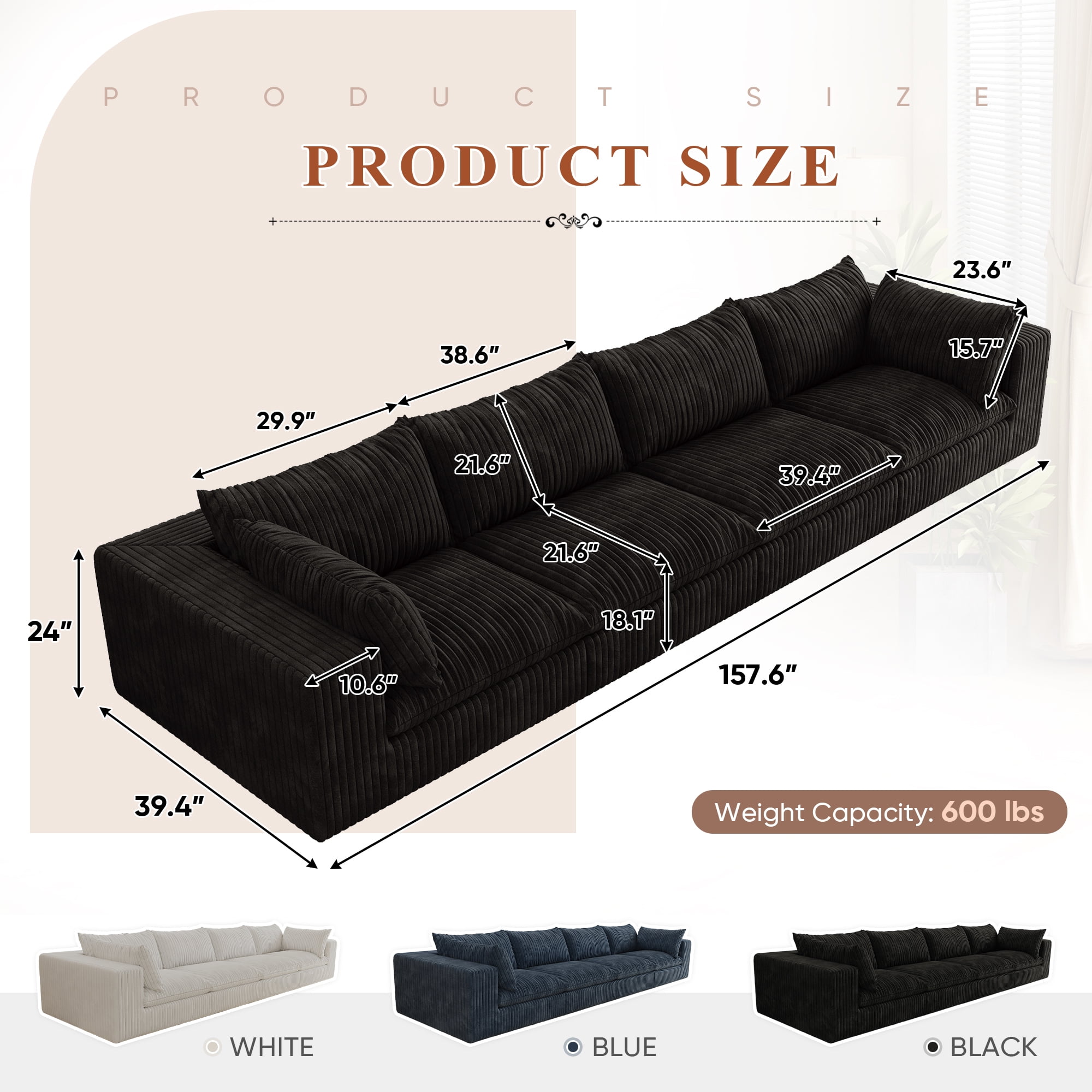 Muumblus 157" Oversized 4-Seater Boneless Sofa, No Assembly Deep Seat Corduroy Cloud Couch, Sleeper Sofa for Living Room, Black