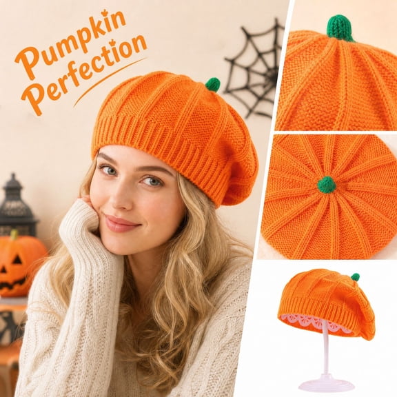 Halloween Beret Hat Knitted Pumpkin Comfortable Hats Plush Cute Winter Warm Cap For Adult