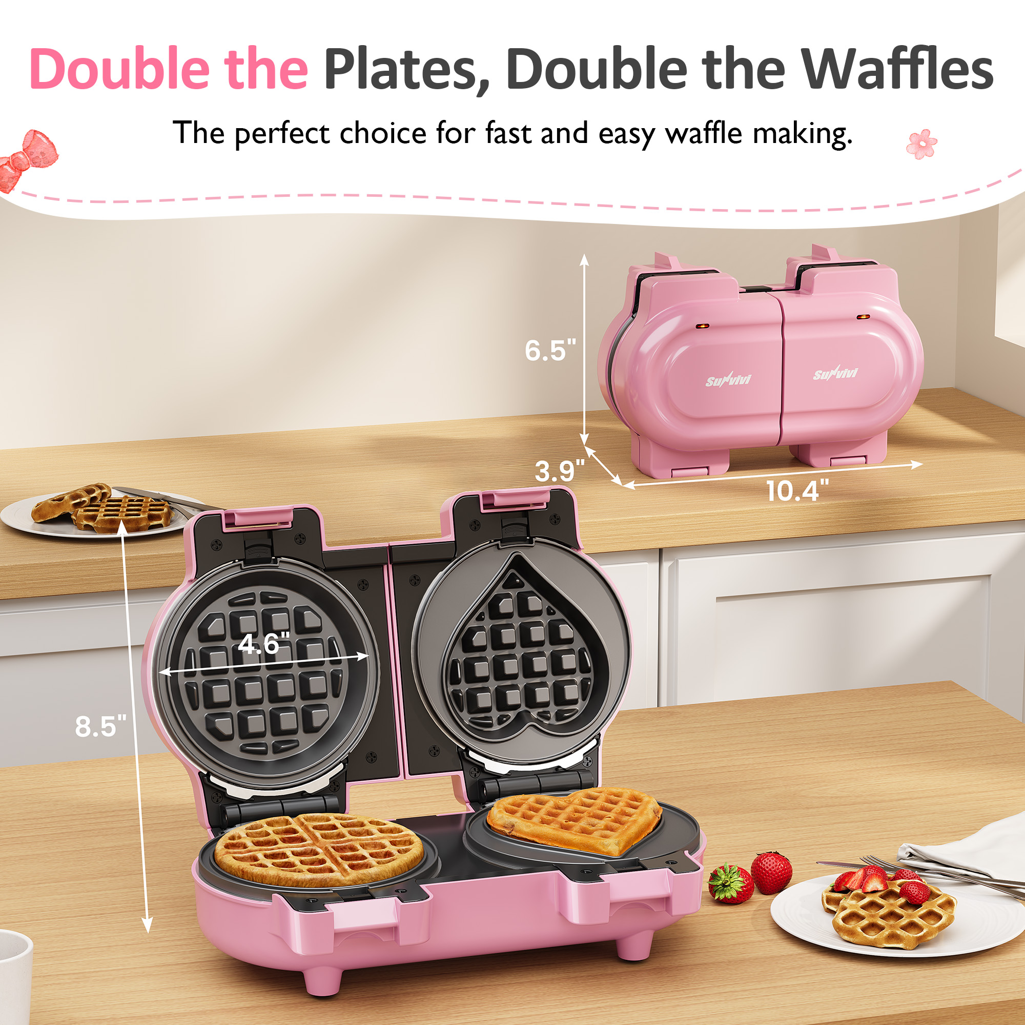 Heynemo Double Waffle Maker with Removable Nonstick Plates and One-Touch Control