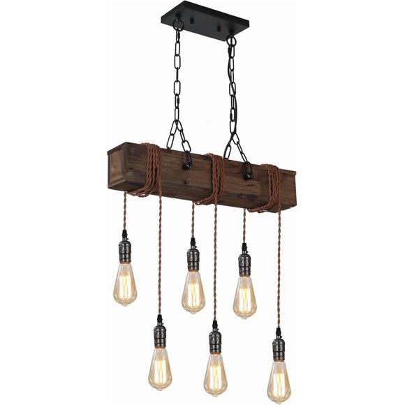 6-Lights Dining Farmhouse Chandelier, Farmhouse Wooden Ceiling Pendant Light, Height Adjustable, Rustic Chandelier for Kitchen Island Dining Room Bar Pool Table Cabin.
