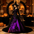 thumbnail image 3 of AoDai Gothic style long-sleeved witch dress with ghost castle print, suitable for Halloween party cosplay (all dress patterns are printed, the dress does not include a petticoat)., 3 of 6