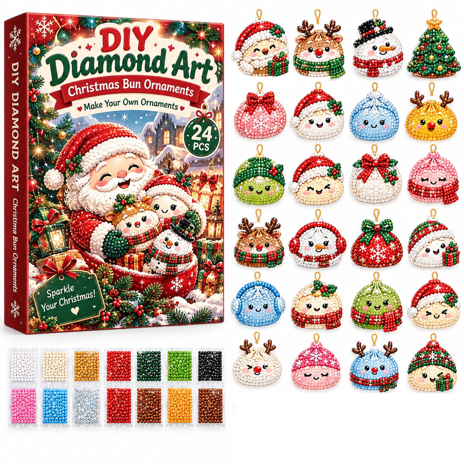 2026 Christmas Advent Calendar 24Pcs DIY Diamond Art Christmas Bun Ornaments Kit 5D Diamond Painting Hanging Pendant Set Xmas Countdown Craft Gift for Kids Adults Christmas Tree Home Decor