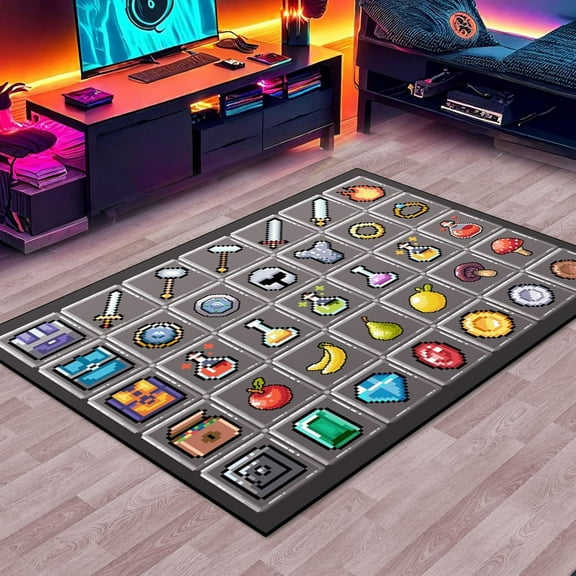 Block Game Rug Teen Boys Carpet with Pixel Game Items Decoration Mat, Cube Block Game Rugs for Boy's Bedroom Bathroom Living Room Playroom, Non-Slip Children Gaming Area Rugs (Grey, 60" x 40")