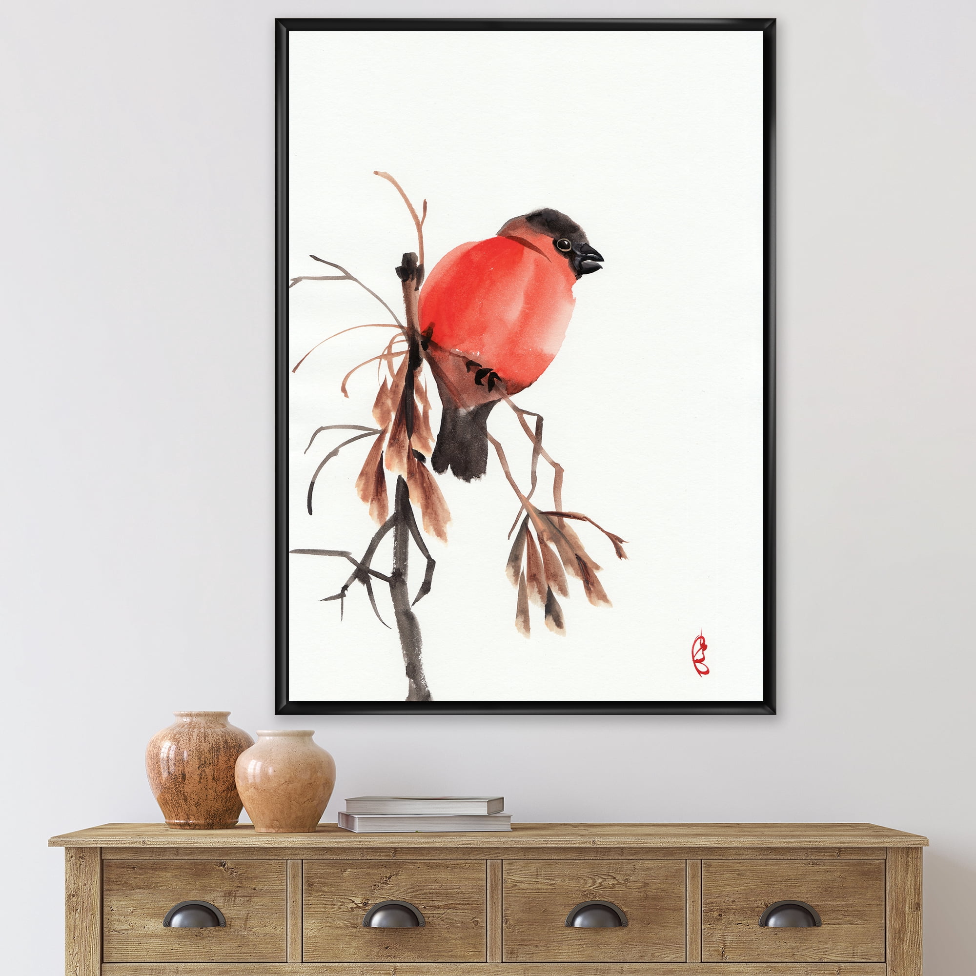 Designart 'Red Bullfinch Bird Sitting On A Branch' Traditional Framed Canvas Wall Art Print